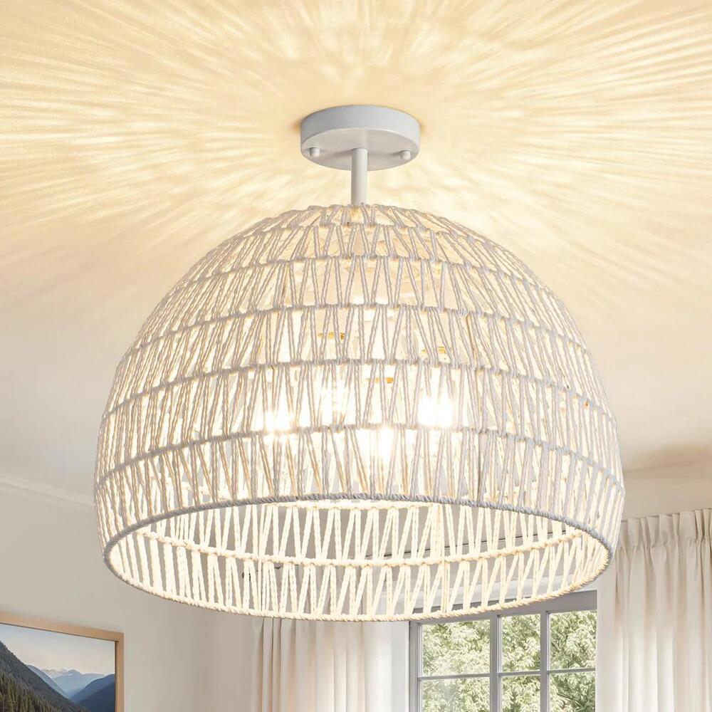 LUZBBLU Rattan Semi Flush Mount Ceiling Light Woven Boho Dome White 19.7 in